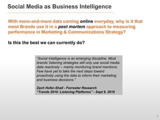 Social Media as Business Intelligence

With more-and-more data coming online everyday, why is it that
most Brands use it in a post mortem approach to measuring
performance in Marketing & Communications Strategy?

Is this the best we can currently do?


             “Social Intelligence is an emerging discipline. Most
             brands’ listening strategies still only use social media
             data reactively – mainly monitoring brand mentions.
             Few have yet to take the next steps toward
             proactively using the data to inform their marketing
             and business decisions.”

             Zach Hofer-Shall - Forrester Research
             “Trends 2010: Listening Platforms” - Sept 9, 2010




                                                                        1
 