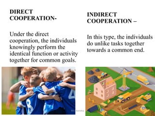 DIRECT
COOPERATION-
Under the direct
cooperation, the individuals
knowingly perform the
identical function or activity
together for common goals.
INDIRECT
COOPERATION –
In this type, the individuals
do unlike tasks together
towards a common end.
Ms Manisha
 