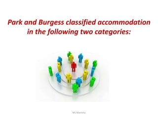 Park and Burgess classified accommodation
in the following two categories:
Ms Manisha
 