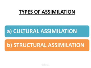 TYPES OF ASSIMILATION
a) CULTURAL ASSIMILATION
b) STRUCTURAL ASSIMILATION
Ms Manisha
 
