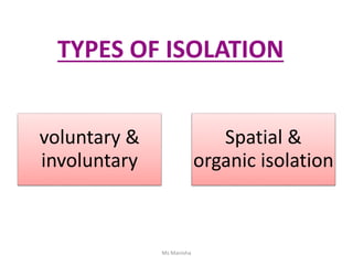 TYPES OF ISOLATION
voluntary &
involuntary
Spatial &
organic isolation
Ms Manisha
 