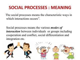 SOCIAL PROCESSES : MEANING
The social processes means the characteristic ways in
which interactions occurs”.
Social processes means the various modes of
interaction between individuals or groups including
cooperation and conflict, social differentiation and
integration etc.
Ms Manisha
 