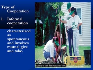 Type of
Cooperation
1. Informal
cooperation
-
characterized
as
spontaneous
and involves
mutual give
and take.
 