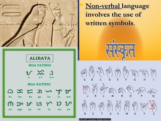  Non-verbalNon-verbal languagelanguage
involves the use ofinvolves the use of
written symbolswritten symbols..
 