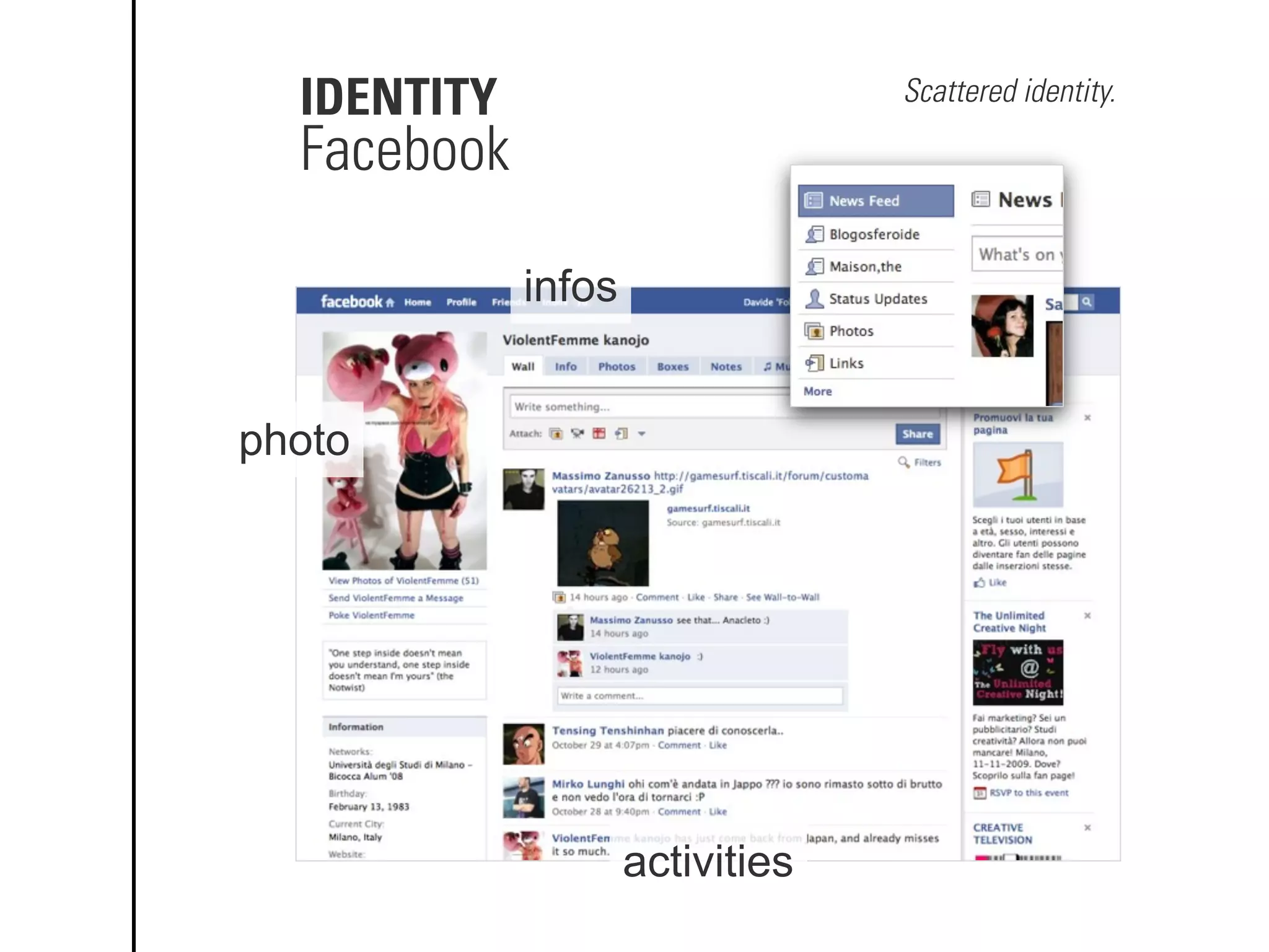 IDENTITY
photo
activities
Facebook
Scattered identity.
infos
 