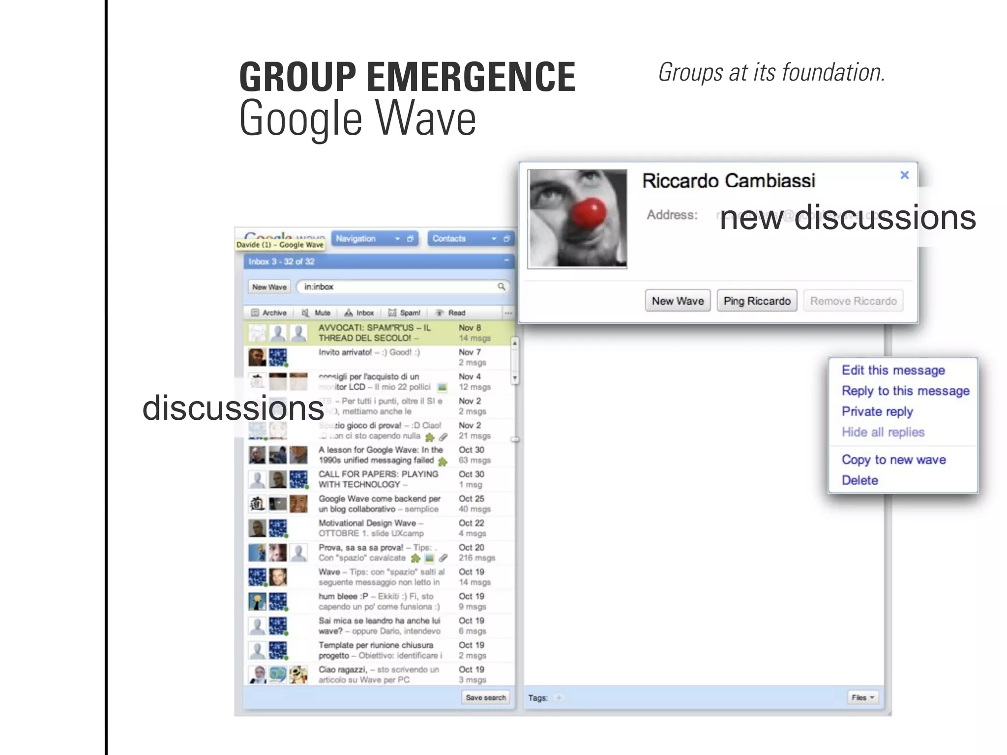 GROUP EMERGENCE
discussions
Google Wave
Groups at its foundation.
new discussions
 