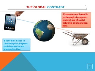 Economies not based in
                          technological progress,
                          minimal use of social
                          networks or information
                          flow.




 Economies based in
Technological progress,
social networks,and
information flow.




                                                    3
 