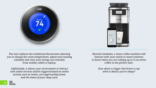 Beyond schedules, a smart coffee machine will interact
with your watch or smart mattress
to know when you are waking up so...