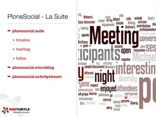 Massimo Azzolini
PloneSocial - La Suite
➡ plonesocial.suite
‣ timeline
‣ hashtag
‣ follow
➡ plonesocial.microblog
➡ plonesocial.activitystream
 