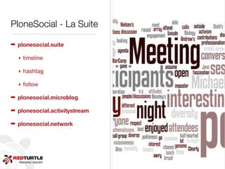 Massimo Azzolini
PloneSocial - La Suite
➡ plonesocial.suite
‣ timeline
‣ hashtag
‣ follow
➡ plonesocial.microblog
➡ plonesocial.activitystream
➡ plonesocial.network
 