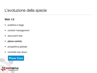 Massimo Azzolini
L’evoluzione della specie
Web 1.0
• pubblica e leggi
• content management
• document tree
• place-centric
• prospettiva globale
• controllo top-down
Plone Core
 