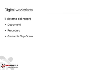 Massimo Azzolini
Digital workplace
Il sistema dei record
• Documenti
• Procedure
• Gerarchie Top-Down
 