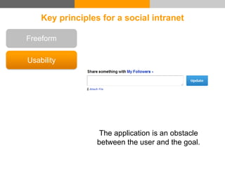 Key principles for a social intranet
Freeform
Usability
Openness
Make sure that anyone who can
and want to participate can...