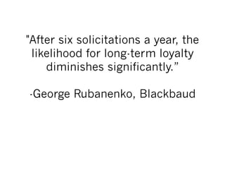 "After six solicitations a year, the
 likelihood for long-term loyalty
    diminishes significantly.”

-George Rubanenko, Blackbaud
 