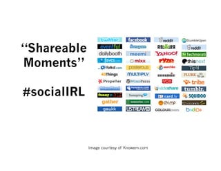 “Shareable
Moments”

#socialIRL



             Image courtesy of Knowem.com
 