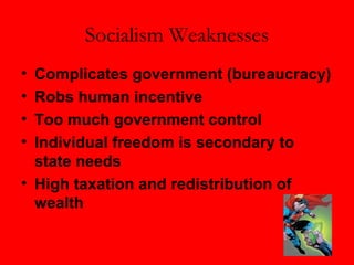 Socialism Weaknesses
• Complicates government (bureaucracy)
• Robs human incentive
• Too much government control
• Individual freedom is secondary to
state needs
• High taxation and redistribution of
wealth
 