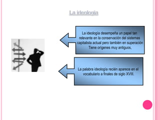 La ideologiaLa ideología desempeña un papel tan relevante en la conservación del sistemas capitalista actual pero también en superaciónTiene orígenes muy antiguos,La palabra ideología recién aparece en el vocabulario a finales de siglo XVIII.