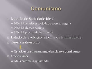 Socialismo CientíficoQuatro teorias principaisTeoria da mais-valiaExalta a exploração do proletariado para a produção de capital.Teoria do materialismo históricoAcontecimentos históricos determinados pelas condições econômicas, materiais.Teoria da luta de classes“A história da humanidade é a história das lutas de classes”.Teoria do materialismo dialéticoToda formação social tem em si própria os elementos que a destruirão.