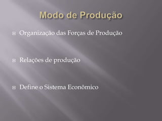 Modo de ProduçãoOrganização das Forças de ProduçãoRelações de produçãoDefine o Sistema Econômico