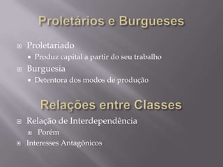 Proletários e BurguesesProletariadoProduz capital a partir do seu trabalhoBurguesiaDetentora dos modos de produçãoRelações entre ClassesRelação de Interdependência