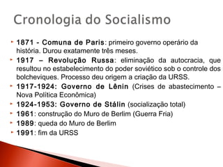    1871 - Comuna de Paris : primeiro governo operário da
    história. Durou exatamente três meses.
   1917 – Revolução Russa : eliminação da autocracia, que
    resultou no estabelecimento do poder soviético sob o controle dos
    bolcheviques. Processo deu origem a criação da URSS.
   1917-1924: Governo de Lênin (Crises de abastecimento –
    Nova Política Econômica)
   1924-1953: Governo de Stálin (socialização total)
   1961: construção do Muro de Berlim (Guerra Fria)
   1989: queda do Muro de Berlim
   1991: fim da URSS
 