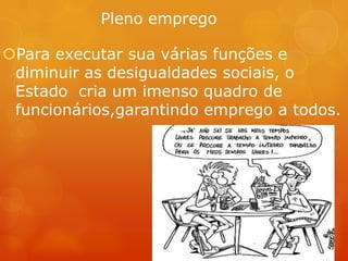 Pleno emprego
Para executar sua várias funções e
diminuir as desigualdades sociais, o
Estado cria um imenso quadro de
funcionários,garantindo emprego a todos.
 