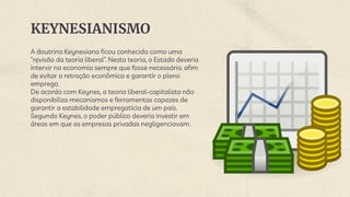KEYNESIANISMO
A doutrina Keynesiana ficou conhecida como uma
“revisão da teoria liberal”. Nesta teoria, o Estado deveria
intervir na economia sempre que fosse necessário, afim
de evitar a retração econômica e garantir o pleno
emprego.
De acordo com Keynes, a teoria liberal-capitalista não
disponibiliza mecanismos e ferramentas capazes de
garantir a estabilidade empregatícia de um país.
Segundo Keynes, o poder público deveria investir em
áreas em que as empresas privadas negligenciavam.
 