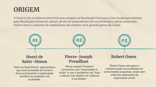 ORIGEM
A história do socialismo encontra suas origens na Revolução Francesa e nas mudanças trazidas
pela Revolução Industrial, apesar de ele ter precedentes em movimentos e ideias anteriores.
Assim como o conceito de capitalismo, ele contém uma grande gama de visões.
Pierre-Joseph
Proudhon
Pierre-Joseph Proudhon
pronunciou que "propriedade é
roubo" e que o socialismo era "toda
a atitude com objetivo de melhorar
a sociedade".
Henri de
Saint-Simon
Henri de Saint-Simon, argumentava
que uma sociedade de homens
deve acompanhar a organização
científica da indústria e da
sociedade.
01 02 03
Robert Owen
Robert Owen advogava a
transformação da sociedade em
comunidades pequenas, locais sem
sistemas elaborados da
organização social.
 