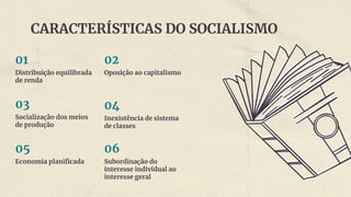 CARACTERÍSTICAS DO SOCIALISMO
Distribuição equilibrada
de renda
01
Oposição ao capitalismo
02
Socialização dos meios
de produção
03
Inexistência de sistema
de classes
04
Economia planiﬁcada
05
Subordinação do
interesse individual ao
interesse geral
06
 