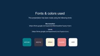 Fonts & colors used
This presentation has been made using the following fonts:
Merriweather
(https://fonts.google.com/specimen/Merriweather?query=merr)
Livvic
(https://fonts.google.com/specimen/Livvic?query=Livv)
#3f3742 #fff6e0 #ec8686
#007d85 #ffffff
 