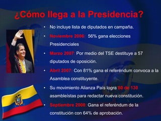 ¿Cómo llega a la Presidencia?No incluye lista de diputados en campaña.Noviembre 2006:  56% gana elecciones PresidencialesMarzo 2007: Por medio del TSE destituye a 57 diputados de oposición.Abril 2007: Con 81% gana el referéndum convoca a la Asamblea constituyente.Su movimiento Alianza País logra 80 de 130 asambleístas para redactar nueva constitución.Septiembre 2008: Gana el referéndum de la constitución con 64% de aprobación. 