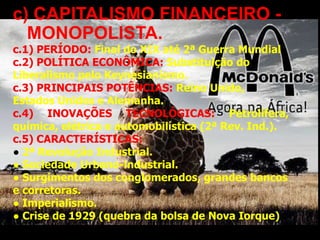 c) CAPITALISMO FINANCEIRO MONOPOLISTA.

c.1) PERÍODO: Final do XIX até 2ª Guerra Mundial.
c.2) POLÍTICA ECONÔMICA: Substituição do
Liberalismo pelo Keynesianismo.
c.3) PRINCIPAIS POTÊNCIAS: Reino Unido,
Estados Unidos e Alemanha.
c.4) INOVAÇÕES TECNOLÓGICAS: Petrolífera,
química, elétrica e automobilística (2ª Rev. Ind.).
c.5) CARACTERÍSTICAS:
● 2ª Revolução Industrial.
● Sociedade Urbano-industrial.
● Surgimentos dos conglomerados, grandes bancos
e corretoras.
● Imperialismo.
● Crise de 1929 (quebra da bolsa de Nova Iorque) .

 