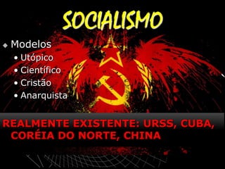 SOCIALISMO


Modelos
• Utópico
• Científico
• Cristão
• Anarquista

REALMENTE EXISTENTE: URSS, CUBA,
CORÉIA DO NORTE, CHINA

 