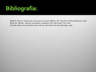    BRAICK. Patricia. História das Cavernas ao Terceiro Milênio. (8º). São Paulo: Editora Moderna, 2006
   BOULOS. Alfredo. História, Sociedade e Cidadania. (8º). São Paulo: FTD, 2006
   Schmidt. Mario. Nova História Crítica. 8º ano. São Paulo: Ed. Nova Geração, 2006
 