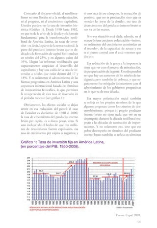 Contrario al discurso oficial, el neolibera-     si uno saca de ese cómputo, la extracción de
lismo no nos llevaba ni a la modernización,         petróleo, que no es producción sino que es
ni al progreso, ni al crecimiento capitalista.      «vender las joyas de la abuela», esa tasa de
Ustedes pueden ver la tasa de inversión his-        decrecimiento del producto interno bruto se
tórica (Gráfico 1). Desde 1950 hasta 1982,          nos va de las manos.
en que se da la crisis de la deuda y el chantaje
fundamental para la transformación neoli-              Pero esa situación está dada, además, en el
beral de América Latina, las tasas de inver-        marco de una creciente polarización –insisto,
sión –es decir, la parte de la renta nacional, la   no solamente del crecimiento económico en
parte del producto interno bruto que es de-         el mundo–, de la capacidad de actuar y ese
dicado a la formación de capital fijo– estaban      es el punto central con el cual tenemos que
en niveles del 23%, y en algunos países del         discutir.
35%. Llegan las reformas neoliberales que              Esa reducción de la gente a la impotencia
supuestamente auspician el desarrollo del           tiene que ver con el proceso de miserización,
capitalismo y hay una caída de la tasa de in-       de pauperización de la gente. Ustedes pueden
versión a niveles que están dentro del 17 y         ver que hay un aumento de los niveles de in-
18%. Y es solamente el advenimiento de las          digencia pero también de pobreza, y que se-
fuerzas progresistas en América Latina y una        guramente fue mitigado últimamente con el
coyuntura internacional basada en términos          advenimiento de los gobiernos progresistas
de intercambio favorables, lo que permiten          en lo que va de esta década.
la recuperación de esta tasa de inversión en
el período reciente (ver gráfico 1).                  Esa mayor polarización social también
                                                    se refleja en los propios términos de lo que
   Obviamente, los efectos sociales se dejan        algunos pregonan como los criterios de des-
sentir en esa reducción del pastel; el caso         envolvimiento, porque el propio producto
de Ecuador es clarísimo: de 1980 al 2000,           interno bruto no tiene nada que ver en su
la tasa de crecimiento del producto interno         desempeño durante la década neoliberal res-
bruto per cápita, es a duras penas, cero. Si        pecto a las décadas de sustitución de impor-
uno incluye ahí el hecho de que tres millo-         taciones. Y no solamente eso, sino que ese
nes de ecuatorianos fueron expulsados, esa          pobre desempeño en términos del producto
tasa de crecimiento per cápita es negativa; y       interno bruto también se refleja en términos

Gráfico 1: Tasa de inversión fija en América Latina,
(en porcentaje del PIB, 1950-2008).




                                                                              Fuente: Cepal, 2009.

                                                                                              195
 