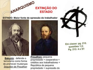 ESTADO: Maior fonte de opressão do trabalhador
Bakunin: defende o
terrorismo como forma
de promover mudanças
Seguidor de Proudhon
Proudhon: pequena
propriedade + cooperativa +
créditos aos trabalhadores =
República de pequena
propriedade = supressão do
EXTINÇÃO DO
ESTADO
 