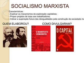 SOCIALISMO MARXISTA
Características:
- Explicar os mecanismos de exploração capitalista;
- Propor projetos de lutas aos trabalhadores;
- Indicar a superação futura das desigualdades pela construção da sociedade ma
QUEM ELABOROU? COMO DIVULGARAM?
 