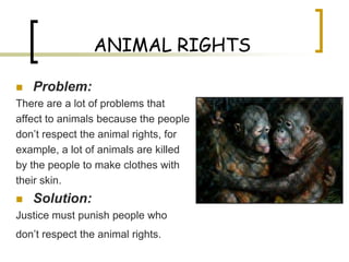 ANIMAL RIGHTS

   Problem:
There are a lot of problems that
affect to animals because the people
don’t respect the animal rights, for
example, a lot of animals are killed
by the people to make clothes with
their skin.
   Solution:
Justice must punish people who
don’t respect the animal rights.
 