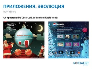ПРИЛОЖЕНИЯ. ЭВОЛЮЦИЯ
ПОРТФОЛИО

От простейшего Coca-Cola до сложнейшего Pepsi
 