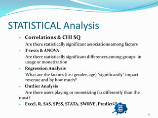 STATISTICAL Analysis
     Correlations & CHI SQ
    Are there statistically significant associations among factors
   T-tests & ANOVA
    Are there statistically significant differences among groups in
    usage or monetization
   Regression Analysis
    What are the factors (i.e.: gender, age) “significantly” impact
    revenue and by how much?
   Outlier Analysis
    Are there users playing or monetizing far differently than the
  most?
   Excel, R, SAS, SPSS, STATA, SWRVE, PredictTM

                                                                      15
 