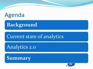 Agenda
Background

Current state of analytics
Analytics 2.0

Summary
 