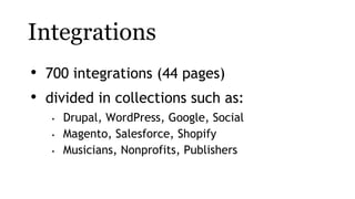 Integrations
• 700 integrations (44 pages)
• divided in collections such as:
• Drupal, WordPress, Google, Social
• Magento...