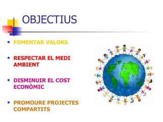 OBJECTIUS FOMENTAR VALORS  RESPECTAR EL MEDI AMBIENT DISMINUIR EL COST ECONÒMIC PROMOURE PROJECTES COMPARTITS 
