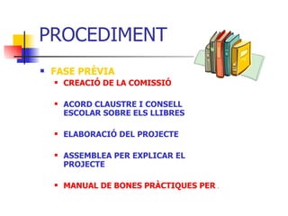 PROCEDIMENT FASE PRÈVIA CREACIÓ DE LA COMISSIÓ ACORD CLAUSTRE I CONSELL ESCOLAR SOBRE ELS LLIBRES ELABORACIÓ DEL PROJECTE ASSEMBLEA PER EXPLICAR EL PROJECTE MANUAL DE BONES PRÀCTIQUES PER ALUMNAT 