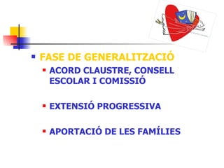 FASE DE GENERALITZACIÓ ACORD CLAUSTRE, CONSELL ESCOLAR I COMISSIÓ EXTENSIÓ PROGRESSIVA APORTACIÓ DE LES FAMÍLIES 