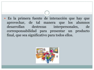  Es la primera fuente de interacción que hay que
aprovechar, de tal manera que los alumnos
desarrollan destrezas interpersonales, de
corresponsabilidad para presentar un producto
final, que sea significativo para todos ellos.
 