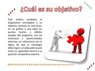 Este análisis establece el
diagnóstico estratégico y su
objetivo consiste en concretar,
en un gráfico o una tabla los
puntos fuertes y débiles
propios del programa, con las
amenazas y oportunidades
externas, en coherencia con la
lógica de que la estrategia
debe lograr un adecuado ajuste
entre su capacidad interna y su
posición competitiva externa.
 