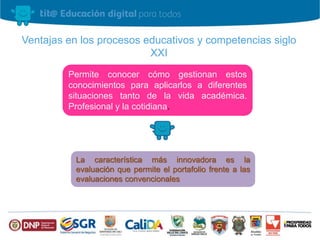 Ventajas en los procesos educativos y competencias siglo 
XXI 
Permite conocer cómo gestionan estos 
conocimientos para aplicarlos a diferentes 
situaciones tanto de la vida académica. 
Profesional y la cotidiana. 
La característica más innovadora es la 
evaluación que permite el portafolio frente a las 
evaluaciones convencionales 
 