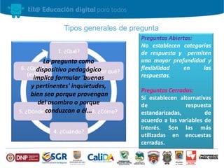 Tipos generales de pregunta
Preguntas Abiertas:
No establecen categorías
de respuesta y permiten
una mayor profundidad y
flexibilidad en las
respuestas.
Preguntas Cerradas:
Sí establecen alternativas
de respuesta
estandarizadas, de
acuerdo a las variables de
interés. Son las más
utilizadas en encuestas
cerradas.
La pregunta como
dispositivo pedagógico
implica formular 'buenas
y pertinentes' inquietudes,
bien sea porque provengan
del asombro o porque
conduzcan a él...
 