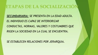 SECUNDARIARIA: SE PRESENTA EN LA EDAD ADULTA.
EL INDIVIDUO ES CAPAZ DE INTERIORIZAR
CONDUCTAS, NORMAS, VALORES Y COSTUMBRES QUE
RIGEN LA SOCIEDAD EN LA CUAL SE ENCUENTRA.
SE ESTABLECEN RELACIONES POR JERARQUIA.
ETAPAS DE LA SOCIALIZACIÓN
 